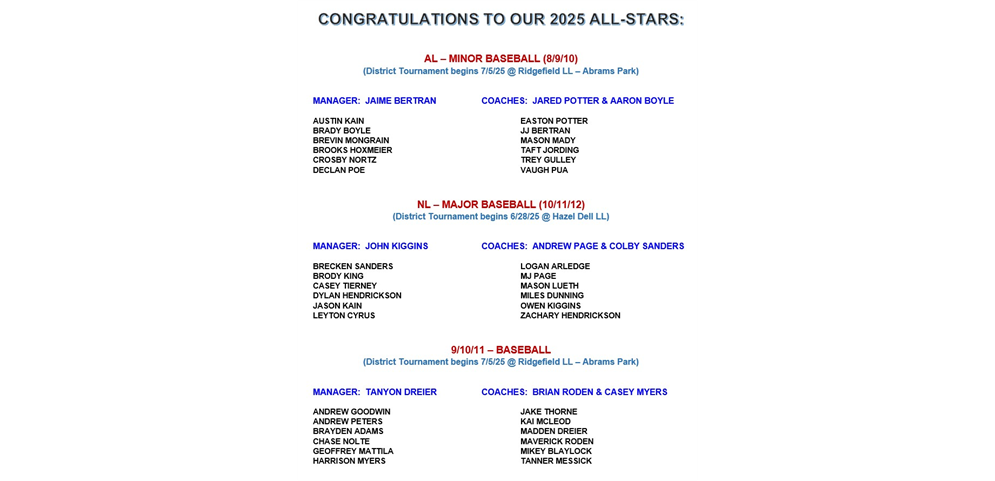 HDLL's 2025 ALL STAR ROSTERS